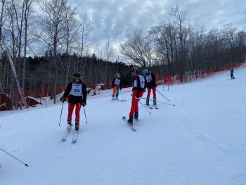 Camden Hills skiers Giacomo Pellizzari (219), Devon Smith (150), Alistair Levitt (197) and Carter Mitchell (164). (Courtesy Mike Smith)