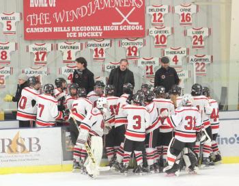 The Camden Hills varsity ice hockey team in its Jan. 4 game against Brunswick. (Courtesy Molly Cole)