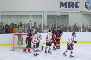 The Camden Hills varsity ice hockey team in its Jan. 4 game against Brunswick. (Courtesy Molly Cole)