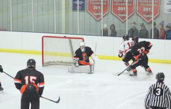 The Camden Hills varsity ice hockey team in its Jan. 4 game against Brunswick. (Courtesy Molly Cole)