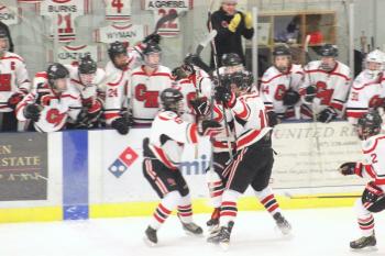 The Camden Hills varsity ice hockey team in its Jan. 4 game against Brunswick. (Courtesy Molly Cole)