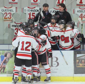 The Camden Hills varsity ice hockey team in its Jan. 4 game against Brunswick. (Courtesy Molly Cole)