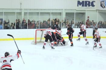 The Camden Hills varsity ice hockey team in its Jan. 4 game against Brunswick. (Courtesy Molly Cole)
