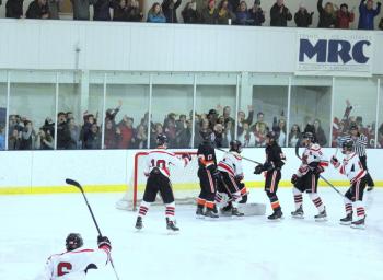 The Camden Hills varsity ice hockey team in its Jan. 4 game against Brunswick. (Courtesy Molly Cole)