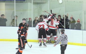 The Camden Hills varsity ice hockey team in its Jan. 4 game against Brunswick. (Courtesy Molly Cole)