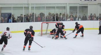 The Camden Hills varsity ice hockey team in its Jan. 4 game against Brunswick. (Courtesy Molly Cole)