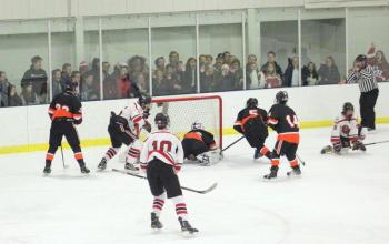 The Camden Hills varsity ice hockey team in its Jan. 4 game against Brunswick. (Courtesy Molly Cole)