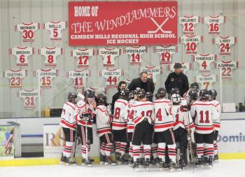 The Camden Hills ice hockey team in a Jan. 11 game. (Courtesy Molly Cole)