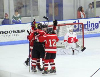 The Camden Hills ice hockey team in its Jan. 25 game. (Courtesy Molly Cole)