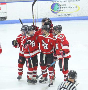 The Camden Hills ice hockey team in its Jan. 25 game. (Courtesy Molly Cole)