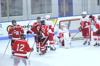 The Camden Hills ice hockey team in its Jan. 25 game. (Courtesy Molly Cole)