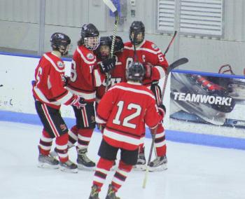 The Camden Hills ice hockey team in its Jan. 25 game. (Courtesy Molly Cole)