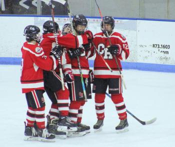 The Camden Hills ice hockey team in its Jan. 25 game. (Courtesy Molly Cole)