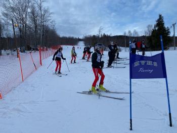 Members of the Camden Hills alpine ski team including Oliver Kidd (217) and Rhys White (174). (Courtesy Mike Smith.