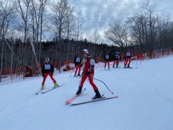Camden Hills skiers Rhys White (174), Oliver Kidd (217) and Giacomo Pellizzari (219). (Courtesy Mike Smith)