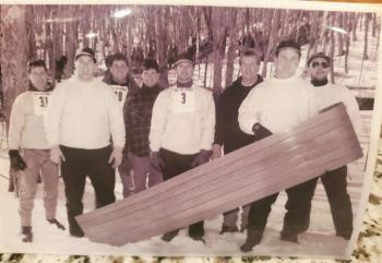 From the mid-90s: Big Kahoonas and Throbin Boggins (l to r) Bruce Richards, Greg Holt, Kris Speigel, Chris Lepow, Chuck Christie, Edwin Greenrose, Sean Richards, Arty Dinsmore. Photo courtesy Bruce Richards.