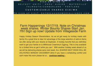 The website comes with a built-in newsletter template to show what’s in season and being offered by the farms.