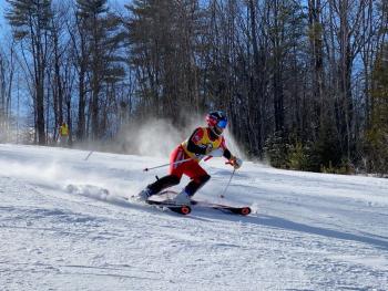Camden Hills alpine skier Caellen Roberts at the KVAC championship Feb. 8. (Courtesy Mike Smith)