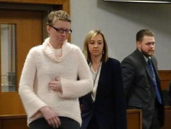 Sharon Carrillo prepares to hear the verdict for her murder trial in Waldo County Superior Court on Dec. 18, with Attorney Laura Shaw appearing beside her. (photo by Erica Thoms)