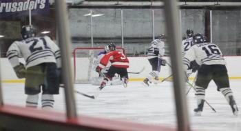 The Camden Hills ice hockey team during its Feb. 19 game. (Courtesy Molly Cole)