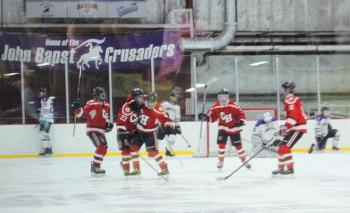 The Camden Hills ice hockey team during its Feb. 19 game. (Courtesy Molly Cole)
