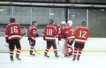 The Camden Hills ice hockey team during its Feb. 19 game. (Courtesy Molly Cole)