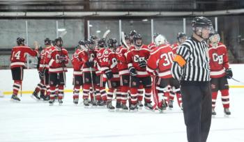 The Camden Hills ice hockey team during its Feb. 19 game. (Courtesy Molly Cole)