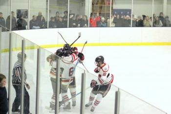 The Camden Hills ice hockey team during its Feb. 1 game. (Courtesy Molly Cole)