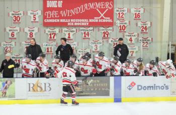 The Camden Hills ice hockey team during its Feb. 1 game. (Courtesy Molly Cole)