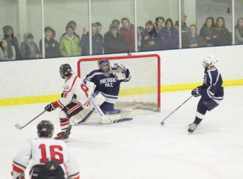 The Camden Hills ice hockey team during its Feb. 1 game. (Courtesy Molly Cole)
