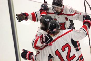 The Camden Hills ice hockey team during its Feb. 1 game. (Courtesy Molly Cole)