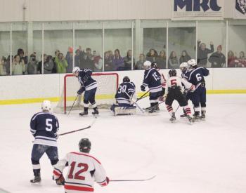 The Camden Hills ice hockey team during its Feb. 1 game. (Courtesy Molly Cole)