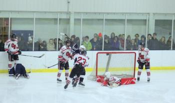 The Camden Hills ice hockey team during its Feb. 1 game. (Courtesy Molly Cole)