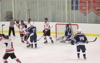 The Camden Hills ice hockey team during its Feb. 1 game. (Courtesy Molly Cole)