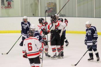 The Camden Hills ice hockey team during its Feb. 1 game. (Courtesy Molly Cole)
