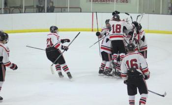 The Camden Hills ice hockey team during its Feb. 1 game. (Courtesy Molly Cole)