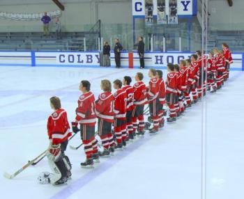 The Camden Hills ice hockey team during its Feb. 5 game. (Courtesy Molly Cole)