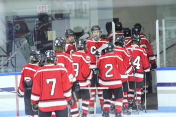 The Camden Hills ice hockey team during its Feb. 5 game. (Courtesy Molly Cole)