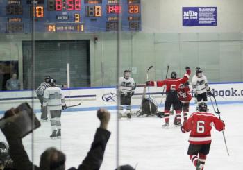 The Camden Hills ice hockey team during its Feb. 5 game. (Courtesy Molly Cole)
