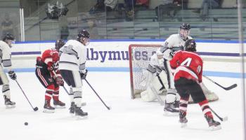 The Camden Hills ice hockey team during its Feb. 5 game. (Courtesy Molly Cole)