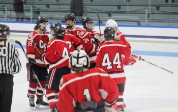 The Camden Hills ice hockey team during its Feb. 5 game. (Courtesy Molly Cole)