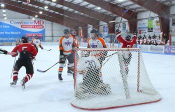 The Camden Hills ice hockey team in its Feb. 8 game against Brewer. (Courtesy Molly Cole)
