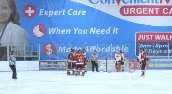 The Camden Hills ice hockey team in its Feb. 8 game against Brewer. (Courtesy Molly Cole)