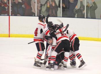 The Camden Hills ice hockey team in its Feb. 15 game against Hampden Academy. (Courtesy Molly Cole)