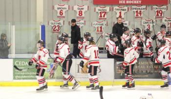 The Camden Hills ice hockey team in its Feb. 15 game against Hampden Academy. (Courtesy Molly Cole)