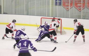 The Camden Hills ice hockey team in its Feb. 15 game against Hampden Academy. (Courtesy Molly Cole)