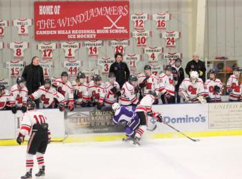 The Camden Hills ice hockey team in its Feb. 15 game against Hampden Academy. (Courtesy Molly Cole)