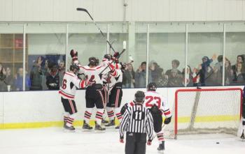 The Camden Hills ice hockey team in its Feb. 15 game against Hampden Academy. (Courtesy Molly Cole)