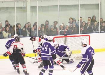The Camden Hills ice hockey team in its Feb. 15 game against Hampden Academy. (Courtesy Molly Cole)