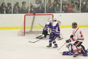 The Camden Hills ice hockey team in its Feb. 15 game against Hampden Academy. (Courtesy Molly Cole)